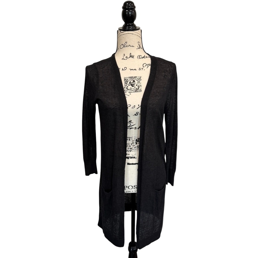 Halogen Black Solid Linen Blend Lightweight Open Front Cardigan, XS